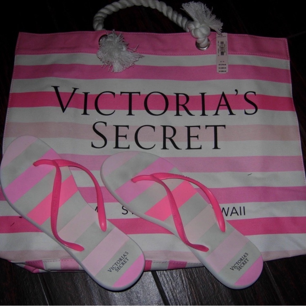 Victorias Secret BEACH BAG SET, TOTE Bag & FLIP FLOPS M 7-8 PINK Pre-Owned